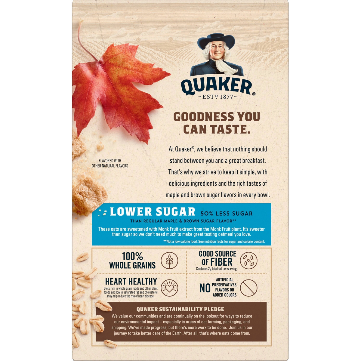 Quaker Instant Oatmeal box with Maple and Brown Sugar flavor, showing the product packaging and branding.