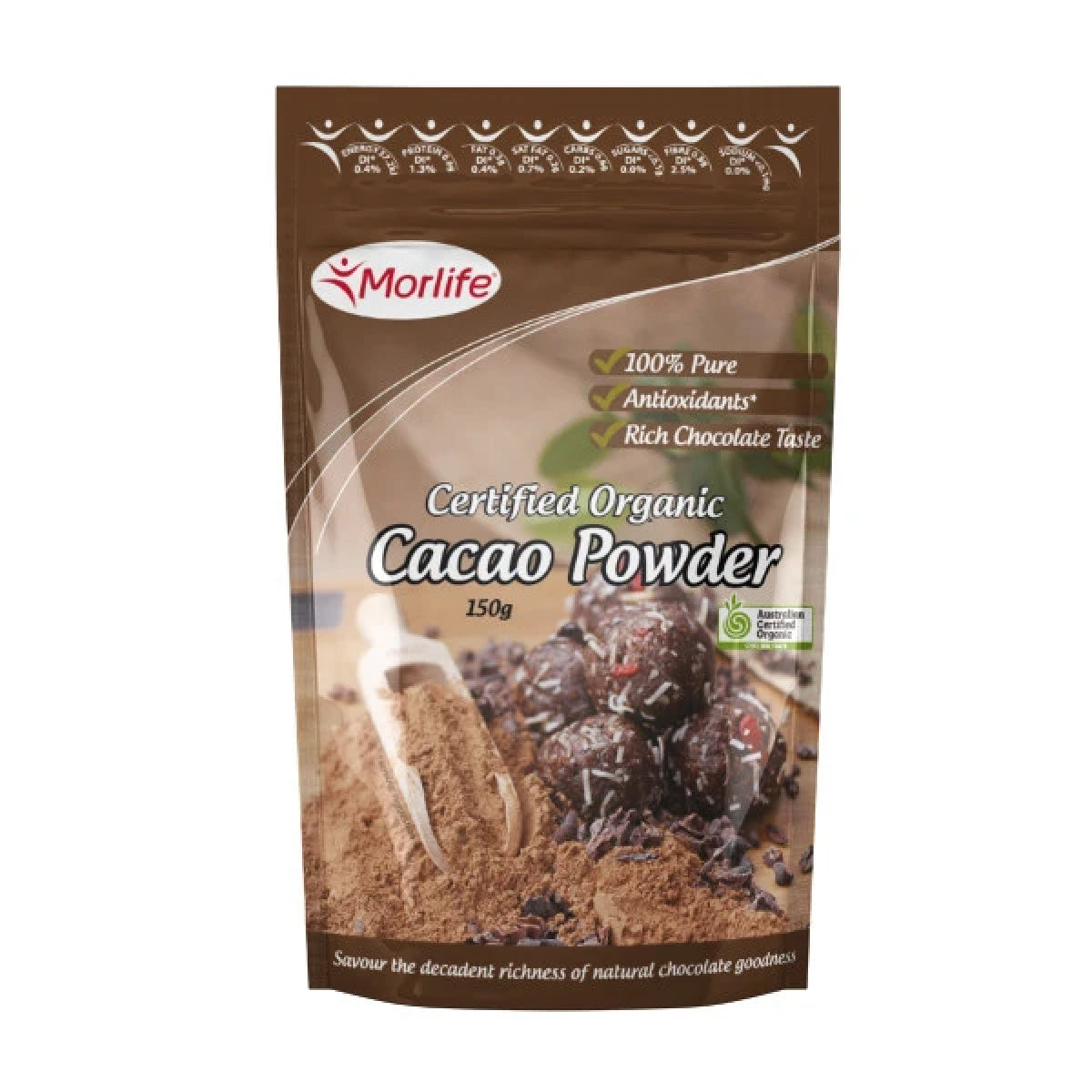 Morlife Organic Cacao Powder in a jar, used for healthy confectionery snacks and baking, with a rich, dark chocolate appearance.