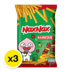 NAXNAX Baked Stick Snack Barbeque flavor, 65g, shown in a pack with three snack bars on a white background.