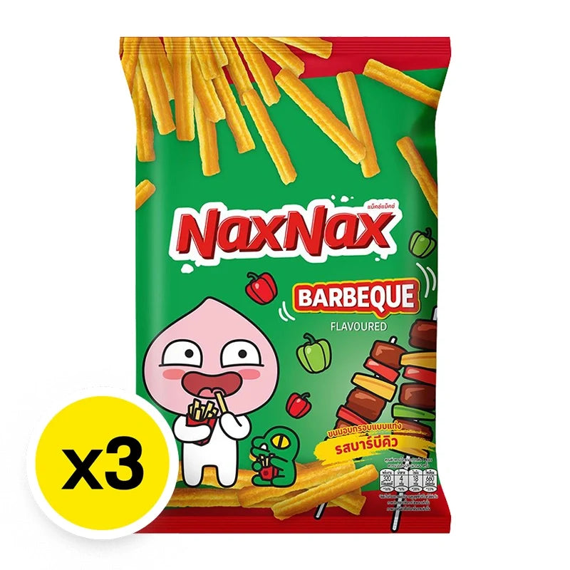 NAXNAX Baked Stick Snack Barbeque flavor, 65g, shown in a pack with three snack bars on a white background.