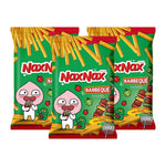 Naxnax Baked Stick Snack Barbeque 65g, three packs of crunchy snack sticks with barbecue flavor, in a colorful packaging.