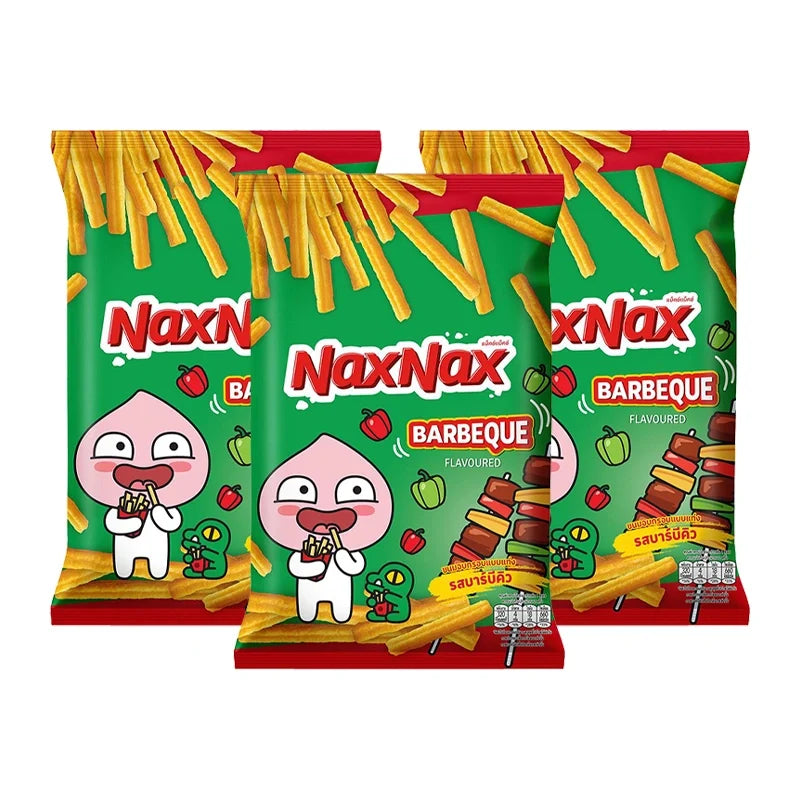 Naxnax Baked Stick Snack Barbeque 65g, three packs of crunchy snack sticks with barbecue flavor, in a colorful packaging.