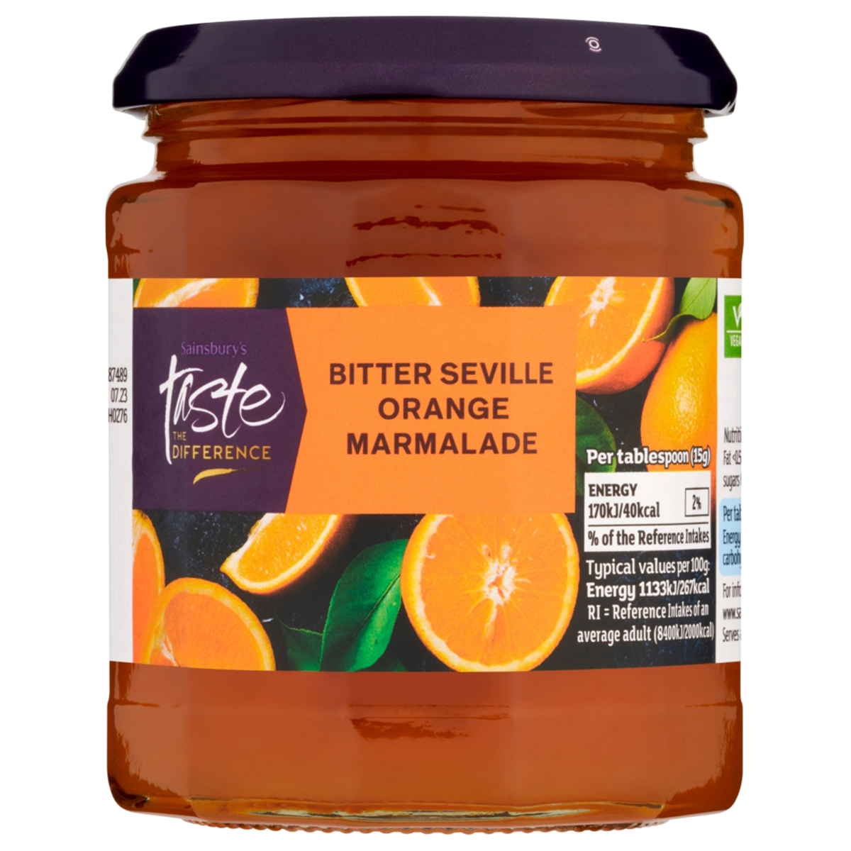 Sainsbury's Taste The Difference bitter Seville orange marmalade jar with orange slices and spread on toast