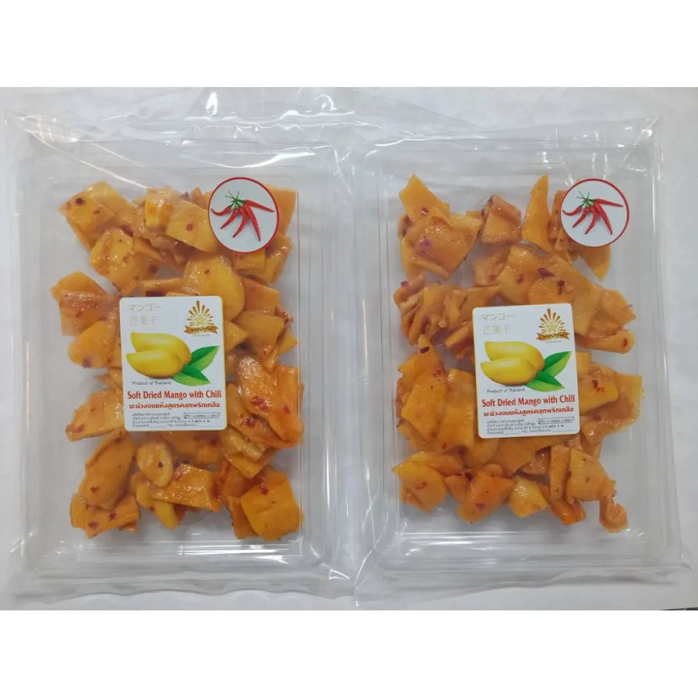 Thong Poon dried mango with chili and salt in a double pack, featuring vibrant dried mango slices coated with chili and salt.