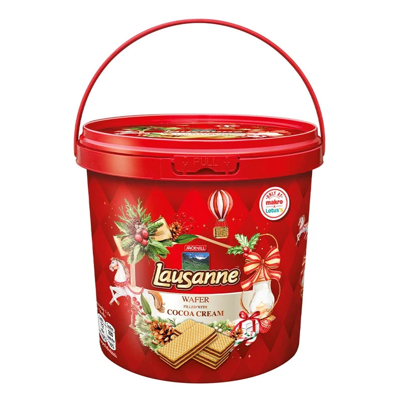 LAUSANNE Lausanne Wafer Non Coated Cocoa Bucket 288g, dry grocery snack with crispy wafer and rich cocoa flavor.