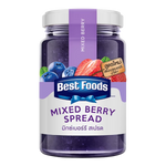 Jar of Best Foods Mix Berry Jam with fresh berries and spread on bread, showcasing a fruity and flavorful grocery product.