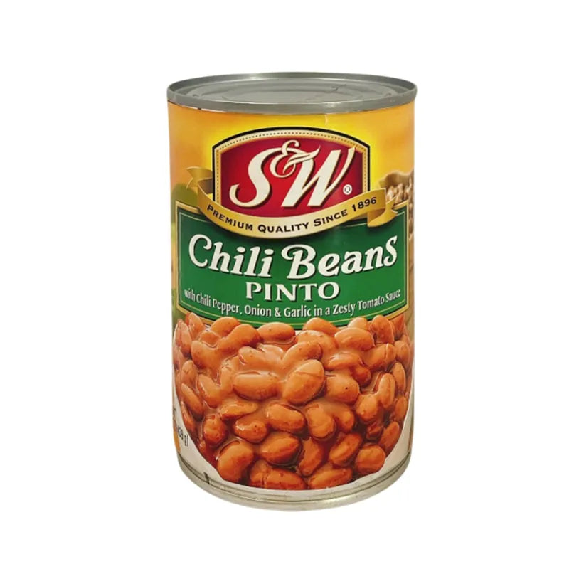 S&W Chili Beans in 439g can, dry grocery item, showing a close-up of the canned beans with label and branding.