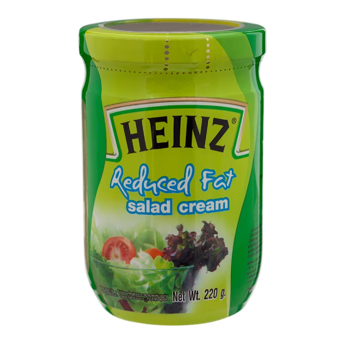 Heinz Low Fat Salad Cream in a bottle, creamy texture, suitable for salads and dressings, on a grocery store shelf.
