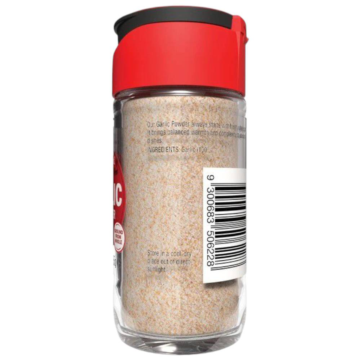 McCormick Garlic Powder jar, close-up shot showing the label and product inside, ideal for cooking and seasoning dishes.