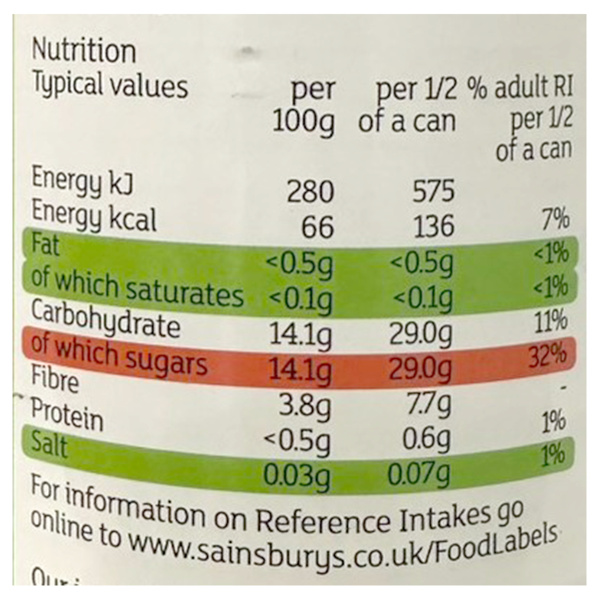 Sainsbury's pear halves in light syrup in a can, showing shiny pear halves submerged in syrup.