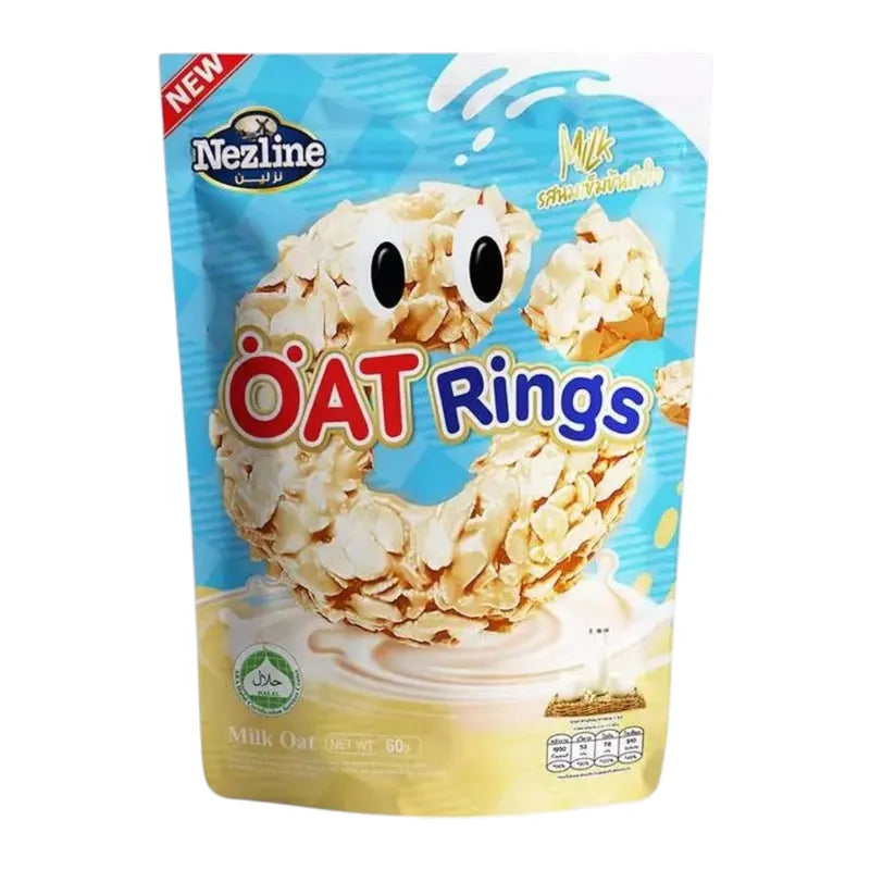 Nezline Oat Rings snack confectionery in a clear bowl showing golden, crunchy oat ring treats on a white background.
