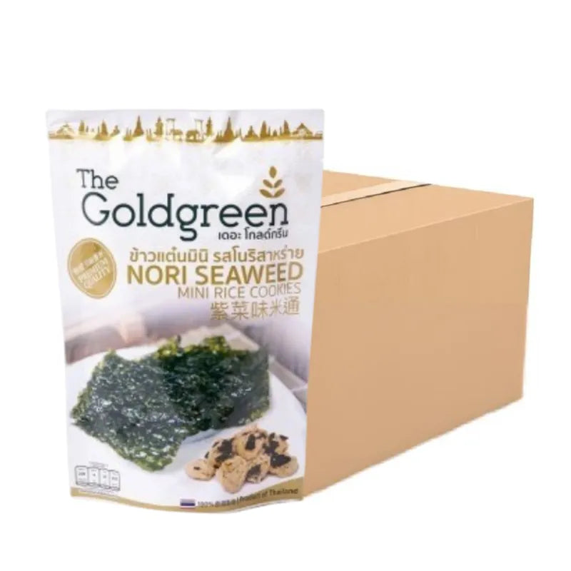Mini rice cookies with nori seaweed from THE GOLDGREEN, snack confectionery in 40g package, featuring golden cookies topped with seaweed.