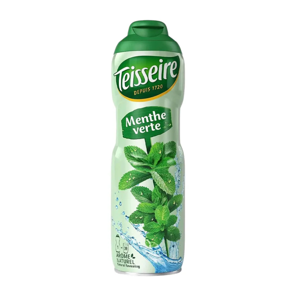Teisseire Green Mint Syrup 600ml bottle for adding fresh mint flavor to beverages and desserts.