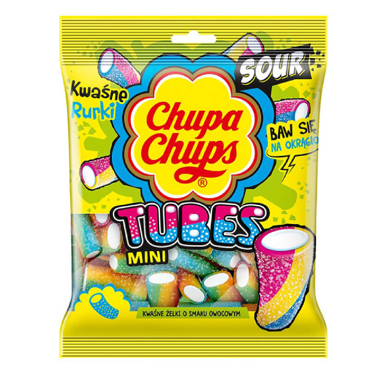 Chupa Chups Sour Tubes confectionery snacks in colorful packaging with fruity flavors, showcasing the bright, fun design.