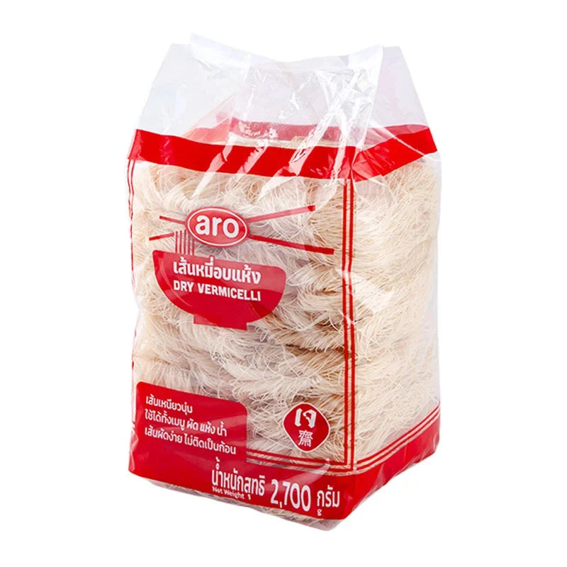 A package of ARO Rice Vermicelli 2.7kg dry grocery with transparent packaging showing thin rice noodles inside.