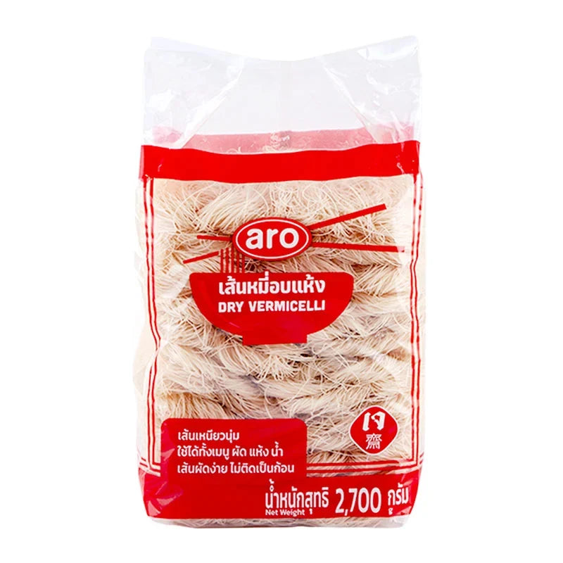 Aro Rice Vermicelli 2.7kg pack of dry rice noodles in a clear plastic bag, ready for cooking or use in Asian dishes.