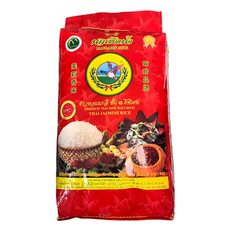 Mandarin Duck Jasmine Rice 15kg bag, dry grocery product with white rice grains, brand logo visible on packaging.
