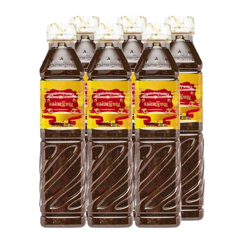 Maerien Fermented Fish Sauce 380ml bottles, traditional Asian condiment in clear glass bottles with labels, set of six.
