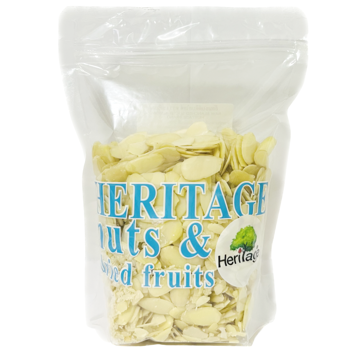 Heritage Raw Sliced Almonds in clear packaging, showcasing light-colored sliced almonds suitable for snacking or baking.