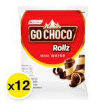 Mini GO Choco wafer rolls in 20g packs, stacked in a box, showing crispy chocolate-coated snack treats from GO CHOCO.