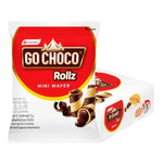 GO CHOCO Mini Choco Wafer Rolls, 20g packs, crispy chocolate-filled snacks in a colorful box, perfect for snacking.