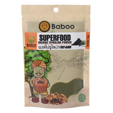 Organic Baboo Spirulina healthy confectionery snack in a colorful package, showcasing raw spirulina pieces and vibrant branding.