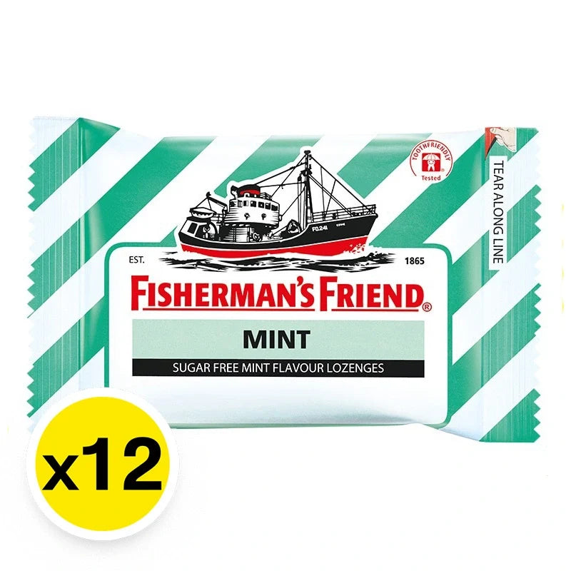 Fisherman's Friend Sugar-Free Mint Lozenges in a pack of 12, refreshing dry grocery cough drops and mints from FISHERMAN'S FRIEND.