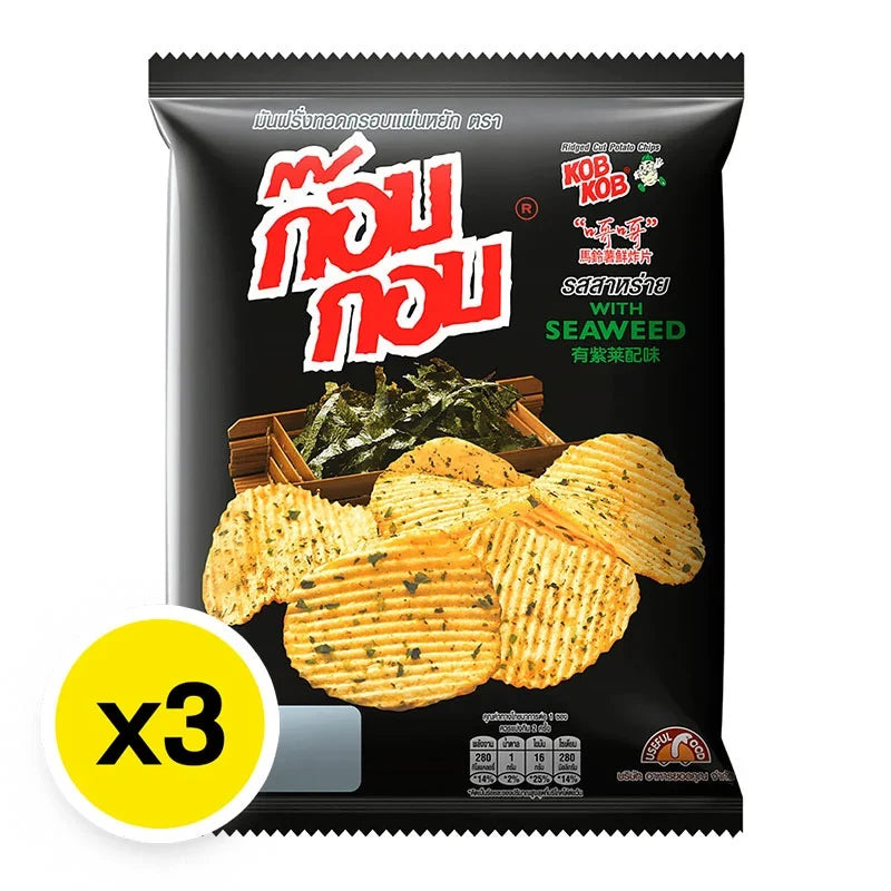 KOB Chips Seaweed snack package, 46g x 3 packs, dry grocery snack with crispy seaweed flavor, by KOB KOB brand.