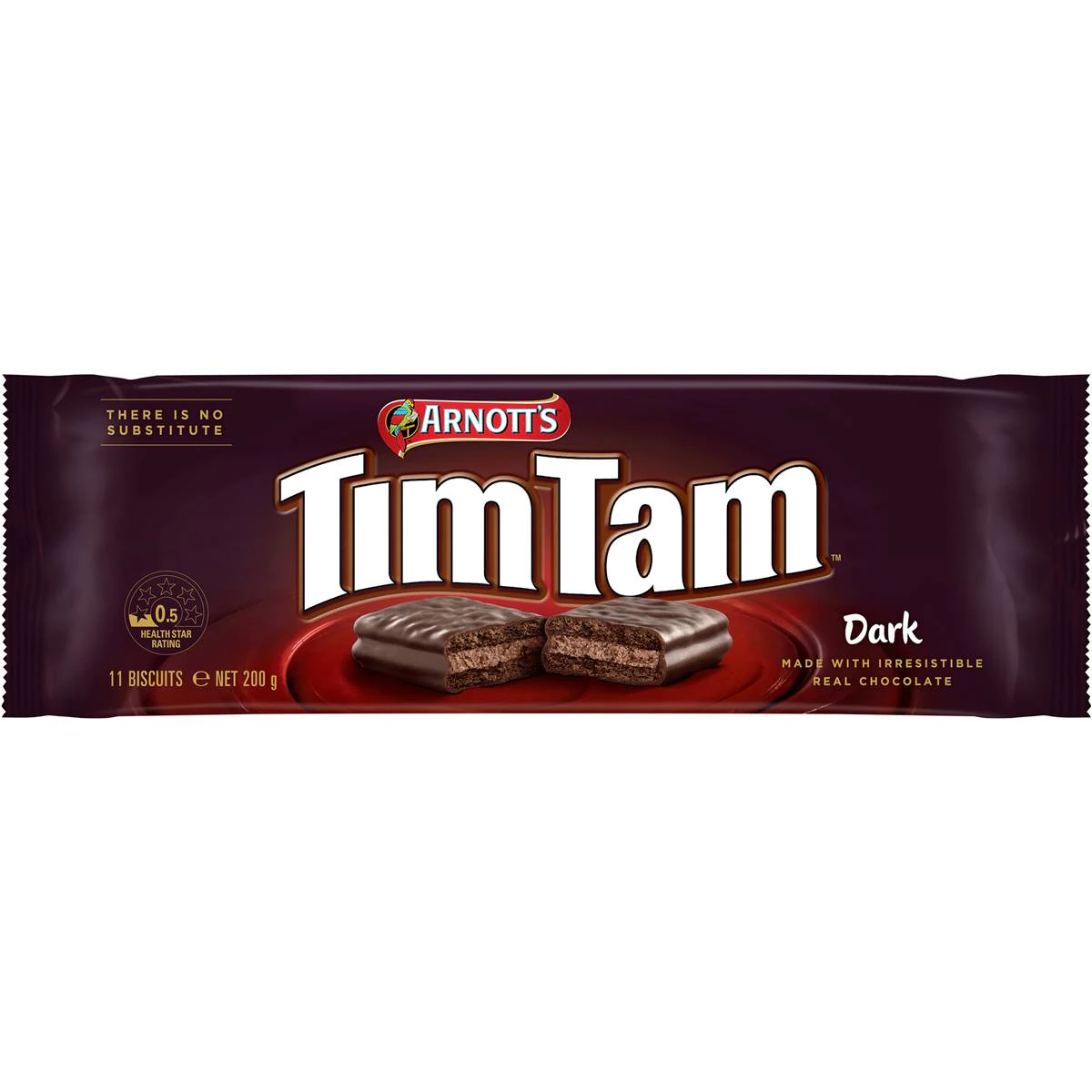 Dark chocolate Arnott's Tim Tam biscuits stacked on a plate, showcasing the rich, indulgent confectionery snack.