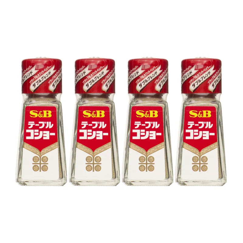 S & B Table Pepper Kosho blend in black and white bottles, 20g each, for seasoning and flavoring in dry grocery kitchen use.