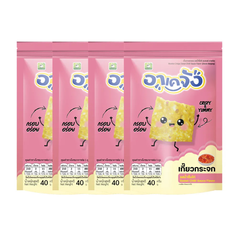 Akejang Crispy Glass Dumplings trial set with chicken sauce flavor, 40g, snack confectionery, showing transparent crispy dumplings in a package