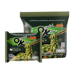 Pack of four Mama Oriental Kitchen Instant Noodles in Matcha Curry flavor, dry grocery product with vibrant packaging.