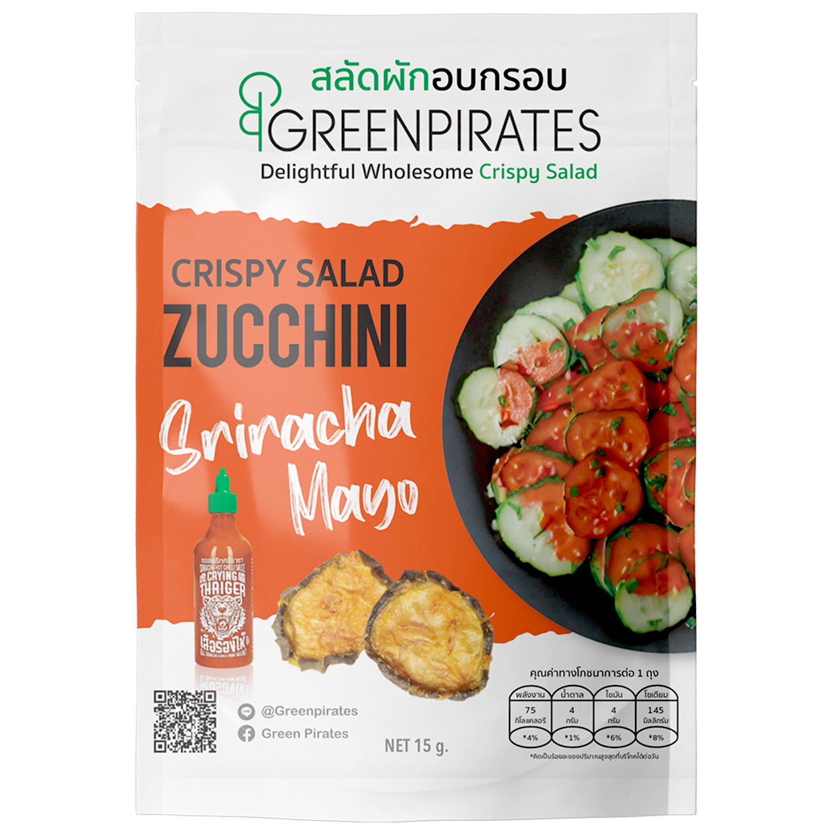 Greenpirates Crispy Zucchini Sriracha Mayo Salad snack with sliced zucchini and spicy mayo dressing, served in a bowl.