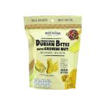 Rozocha freeze dried durian snack in a clear package, showing golden slices of durian fruit perfect for confectionery snacking.