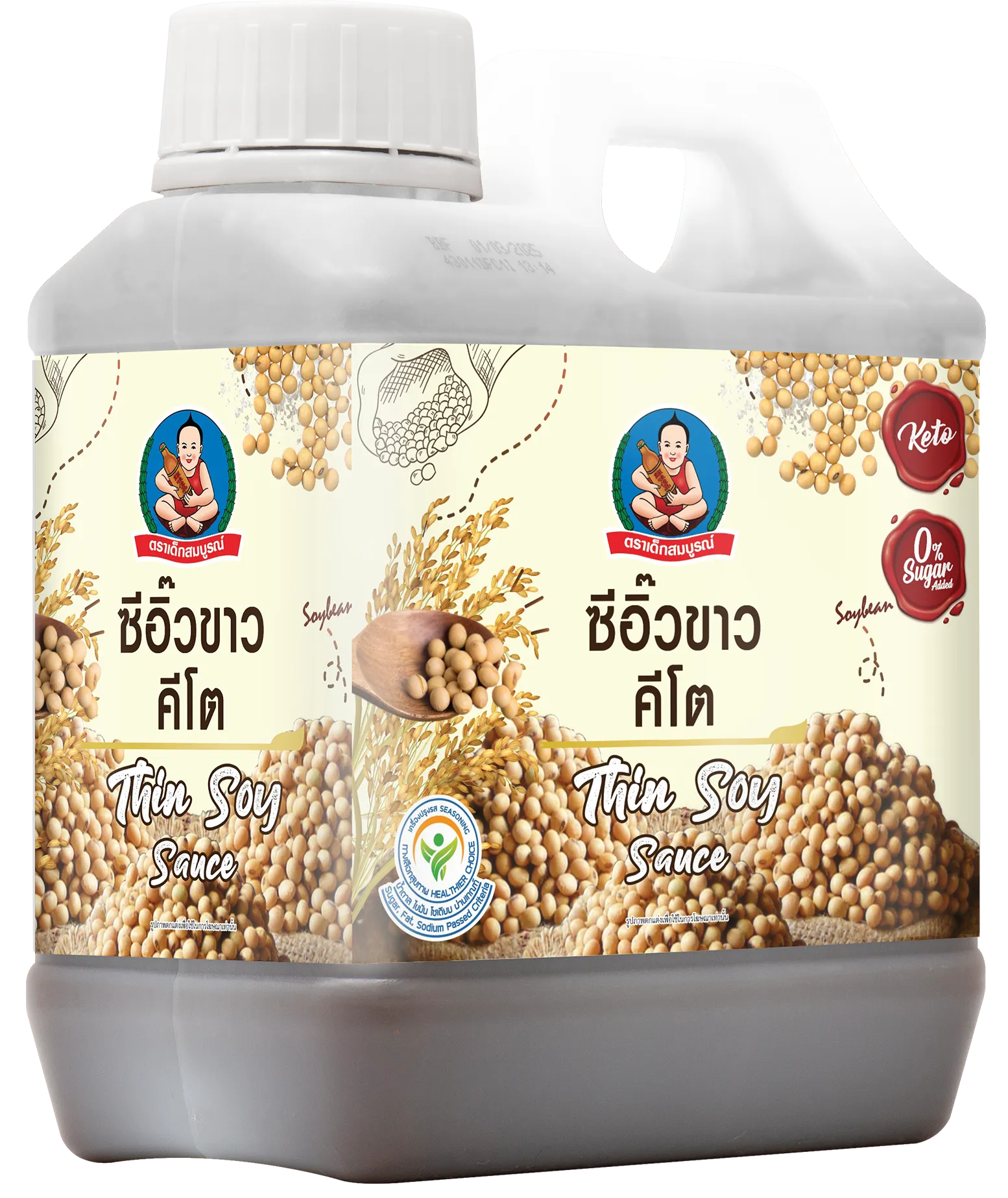 Deksomboon Thin Soy Sauce Keto 1000ml bottle, clear plastic container with dark soy sauce, for dry grocery use.