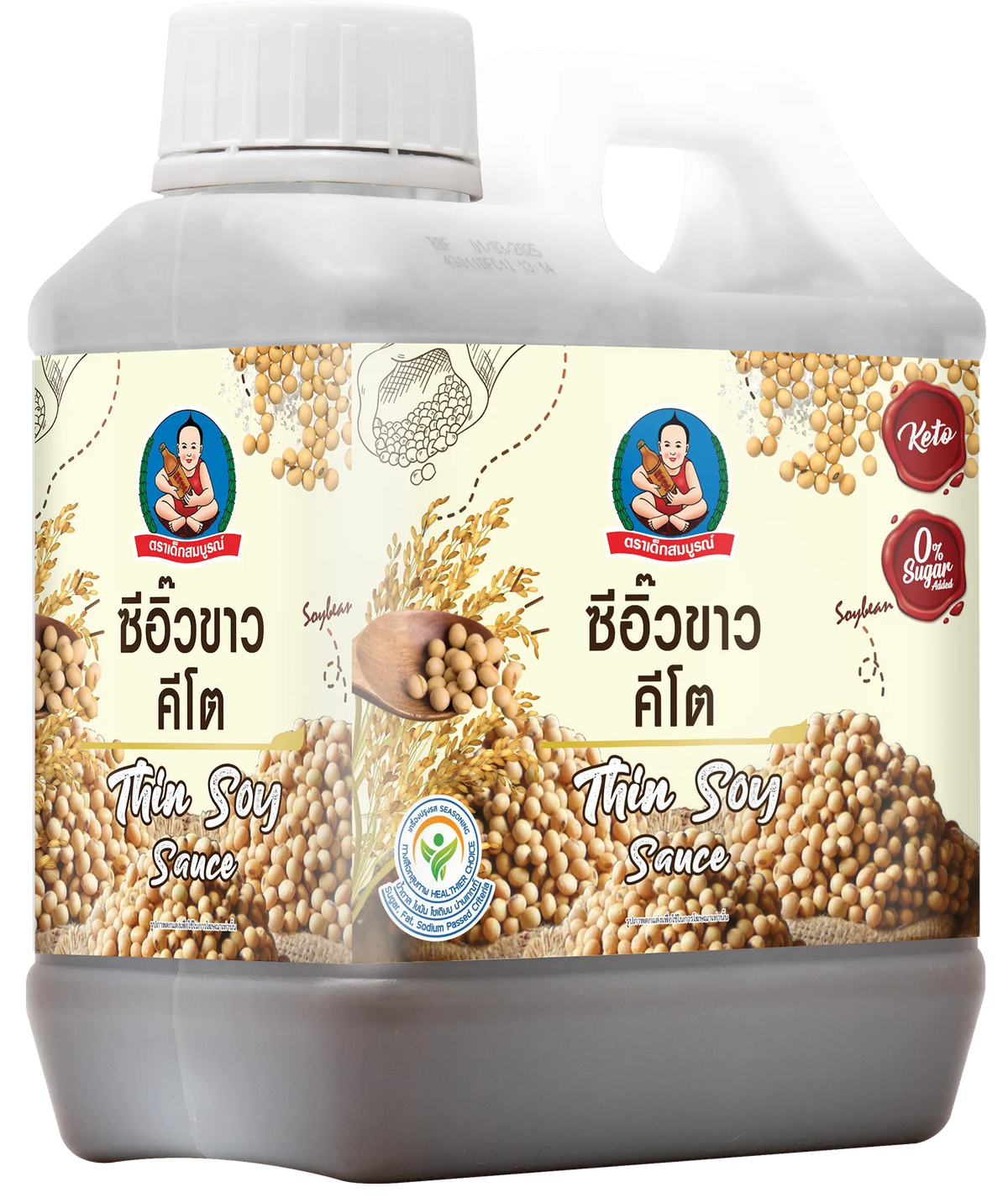 Deksomboon Thin Soy Sauce Keto 1000ml bottle, clear plastic container with dark soy sauce, for dry grocery use.
