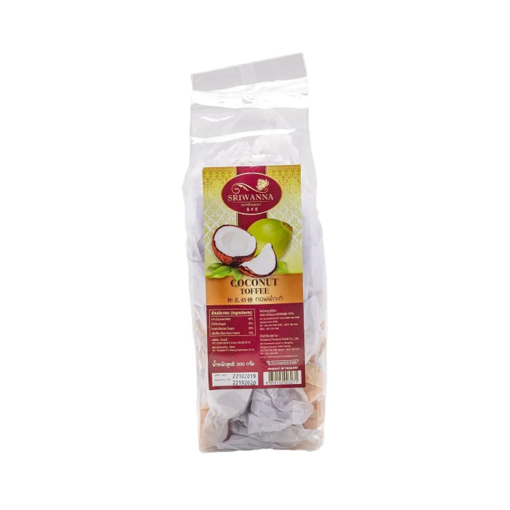 Sriwanna Coconut Toffee snack in 250g package, showing golden caramelized coconut toffee pieces from Sriwanna confectionery.