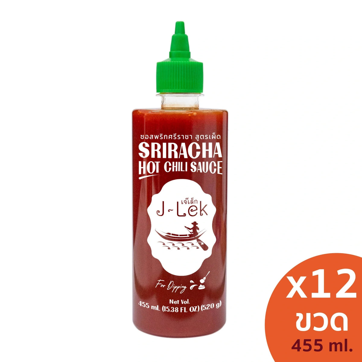 J-LEK Sriracha Chili Sauce bottle with spicy chili sauce, 455ml, in a clear plastic bottle, suitable for dry grocery use