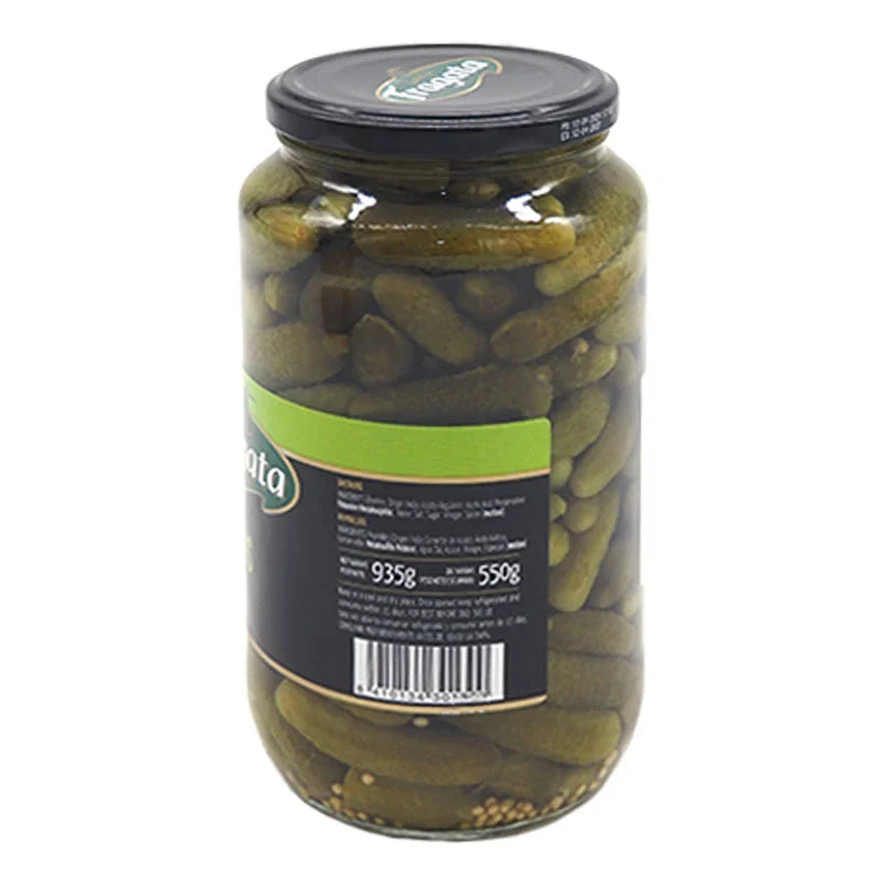 Jar of Fragata Gherkin Pickles in 935g jar, featuring fresh, crunchy gherkins from the dry grocery section.