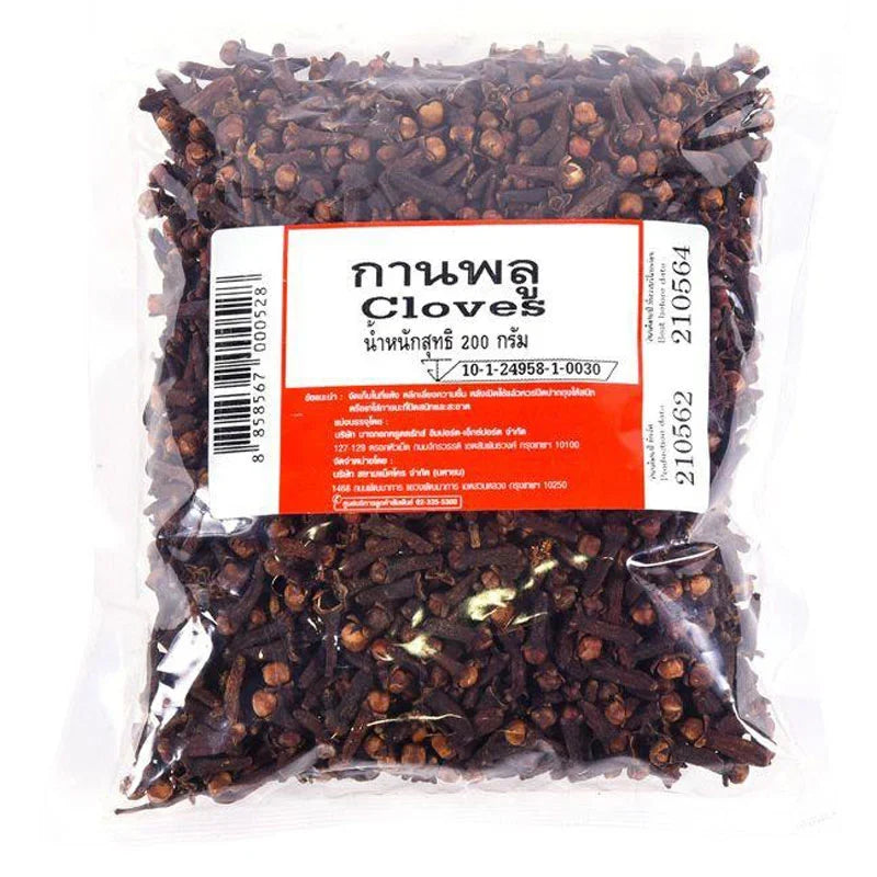 Whole Makro Clove in 200g package, dry grocery spice with dark brown cloves and textured surface, suitable for cooking and baking.