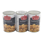 Cans of MICA Whole Champignon Mushrooms in brine, 400g each, stacked in a row, available in a dry grocery setting.