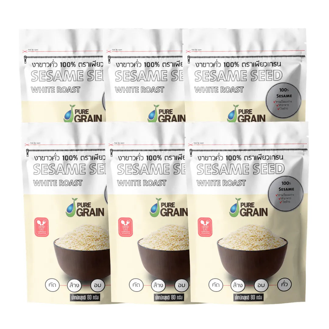 Pure Grain 100% instant roasted white sesame in 80g pack, dry grocery product with roasted sesame seeds in a clear bag