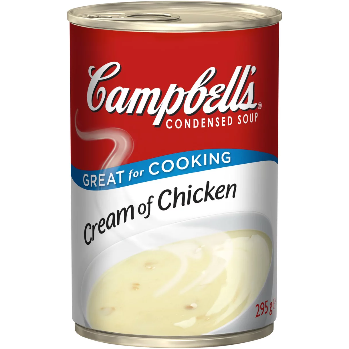 Can of Campbell's Cream of Chicken Soup with label visible, showing the classic Campbell's branding and soup details.