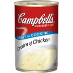Can of Campbell's Cream of Chicken Soup with label visible, showing the classic Campbell's branding and soup details.