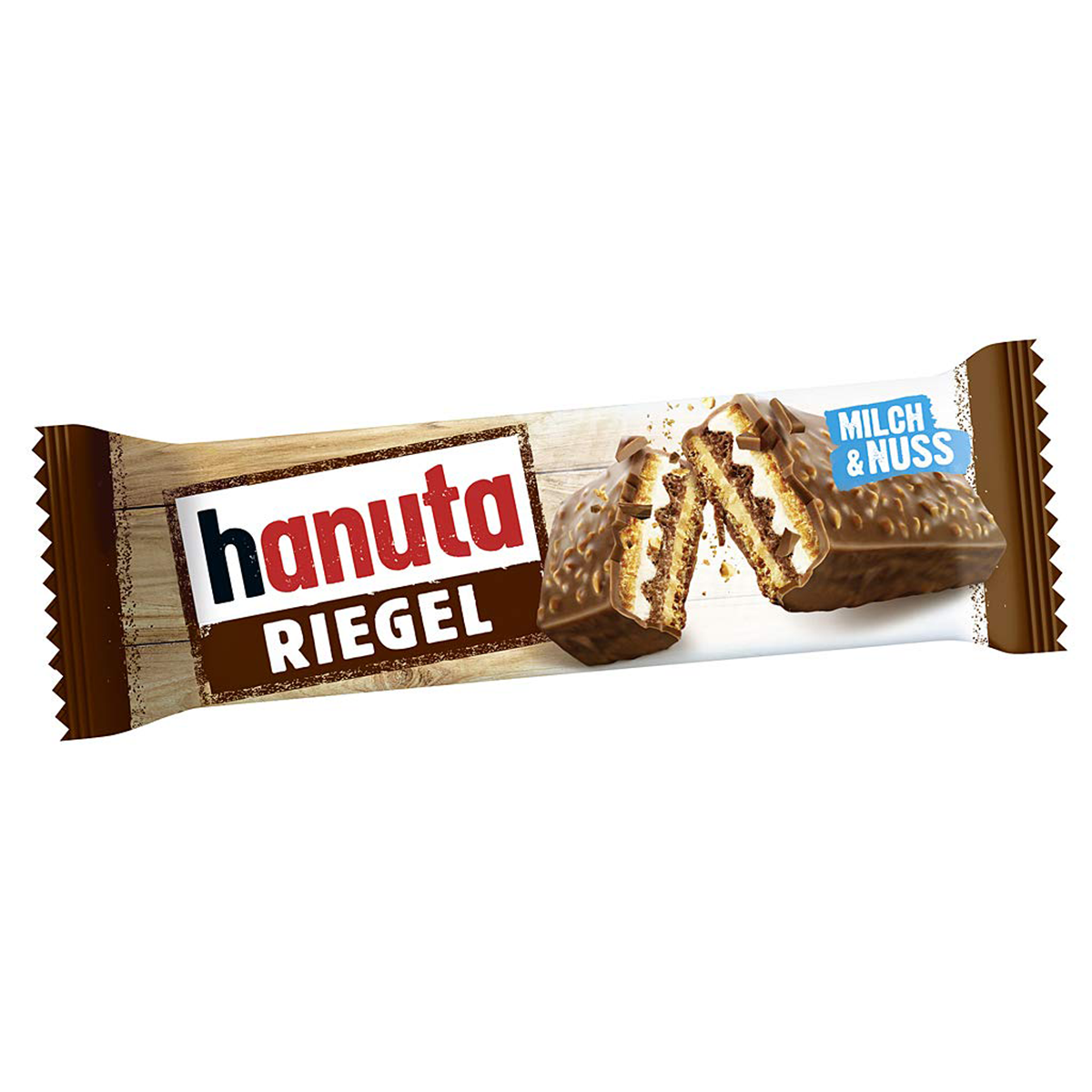 Hanuta Ferrero Riegel confectionery snack featuring crispy wafer layers with creamy hazelnut filling in a chocolate coating.