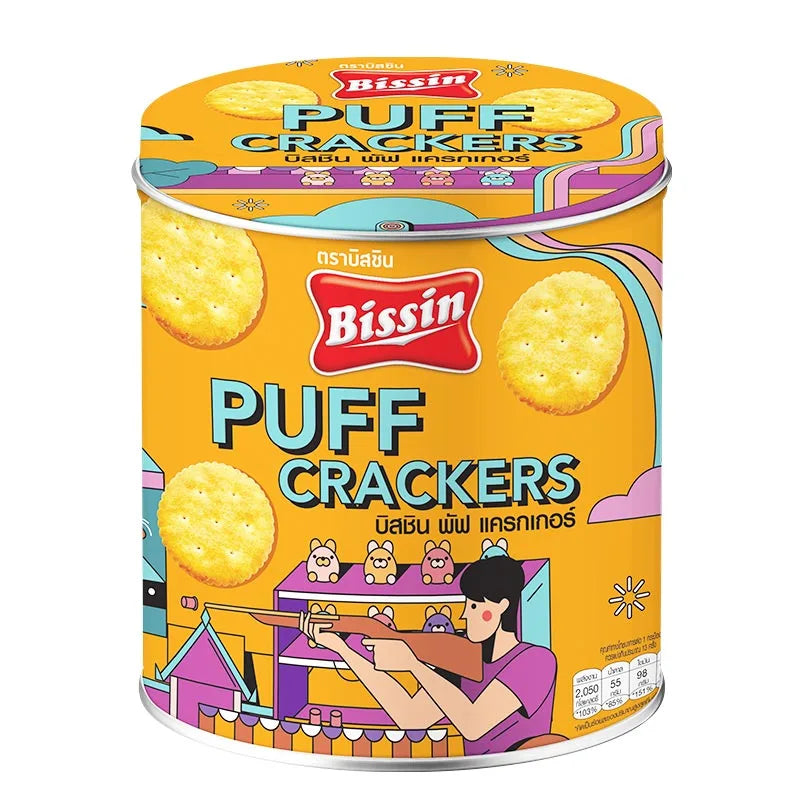 BISSIN Puff Crackers 400g, dry grocery snack with crispy, golden puffed crackers in a sealed packaging.