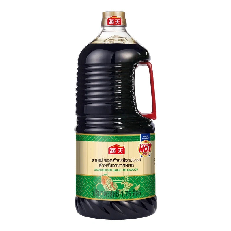 Haday Tasty Seafood Soy Sauce 1.75L bottle, dry grocery product with dark soy sauce and seafood flavor, in a clear plastic bottle.