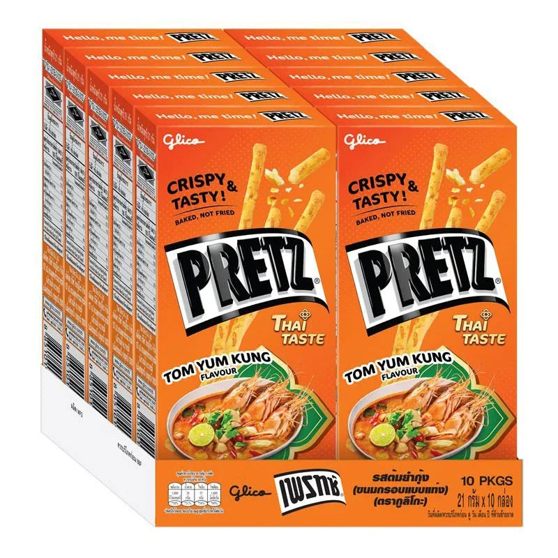 Glico Pretz Biscuit Tomyum flavor, 21g x10 packs, dry grocery snack with spicy and tangy Tomyum seasoning, in a colorful package.