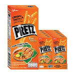 Glico Pretz Tomyum flavored biscuit snack, 21g x10 pack, dry grocery snack with spicy and tangy seasoning, in colorful packaging