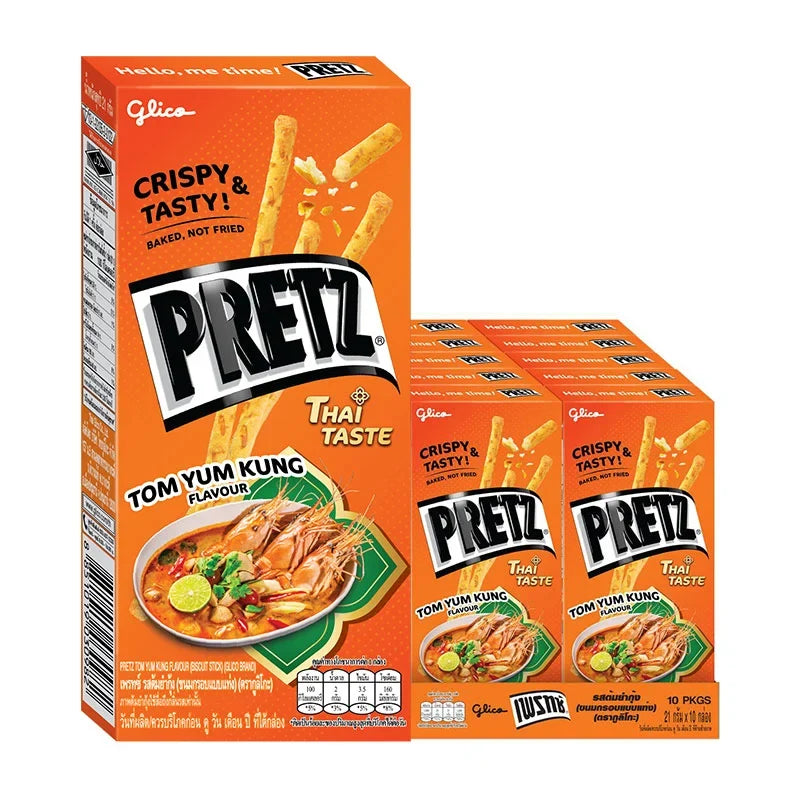 Glico Pretz Tomyum flavored biscuit snack, 21g x10 pack, dry grocery snack with spicy and tangy seasoning, in colorful packaging